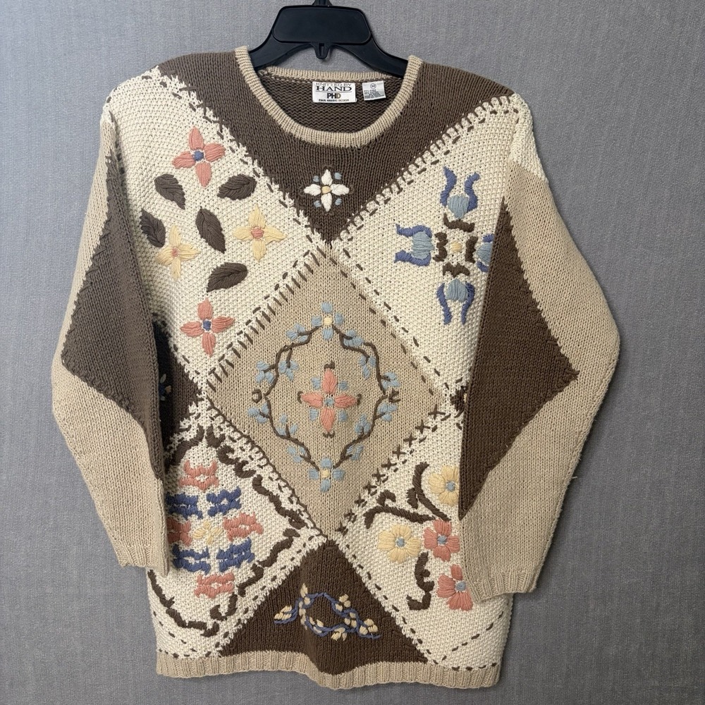 Women's Hand Knitted Grandma Floral Embroidered Chunky Knit Sweater Size Medium